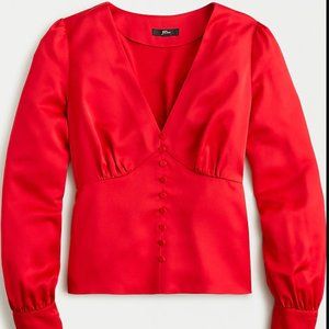 J.Crew Deep V-neck button-front top in satin-backed crepe ~ Red, Size 8 ~ NWOT